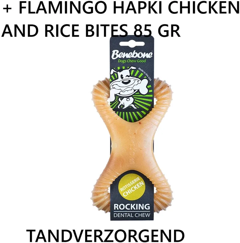 shewbone Small - kippensmaak - kauwspeelgoed voor honden - tandverzorgend - ** + ** FLAMINGO HAPKI CHICKEN AND RICE BITES 85 GR von Benebone in Lichtbruin – Produktfoto