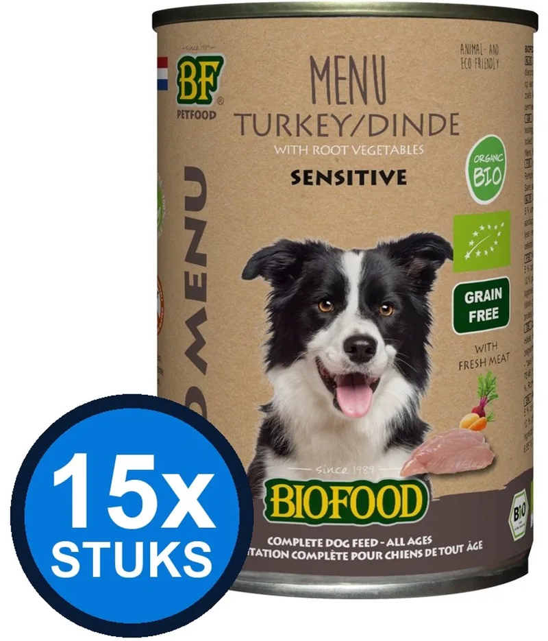15x Biofood - Organic hond kalkoen menu blik 400gr - Hondenvoer Natvoer - 400 g by BF Petfood – product photo