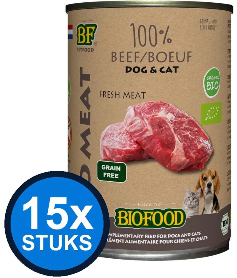 15x Biofood - Organic hond&kat 100% rundvlees blik 400gr - Hondenvoer Natvoer - 400 g von BF Petfood – Produktfoto