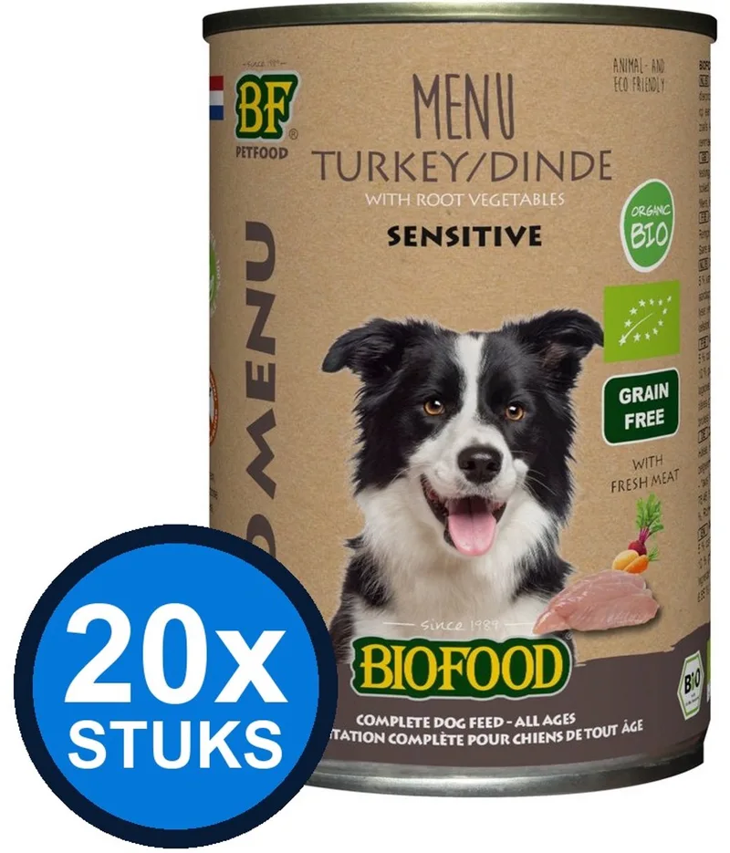 20x Biofood - Organic hond kalkoen menu blik 400gr - Hondenvoer Natvoer - 400 g von BF Petfood – Produktfoto