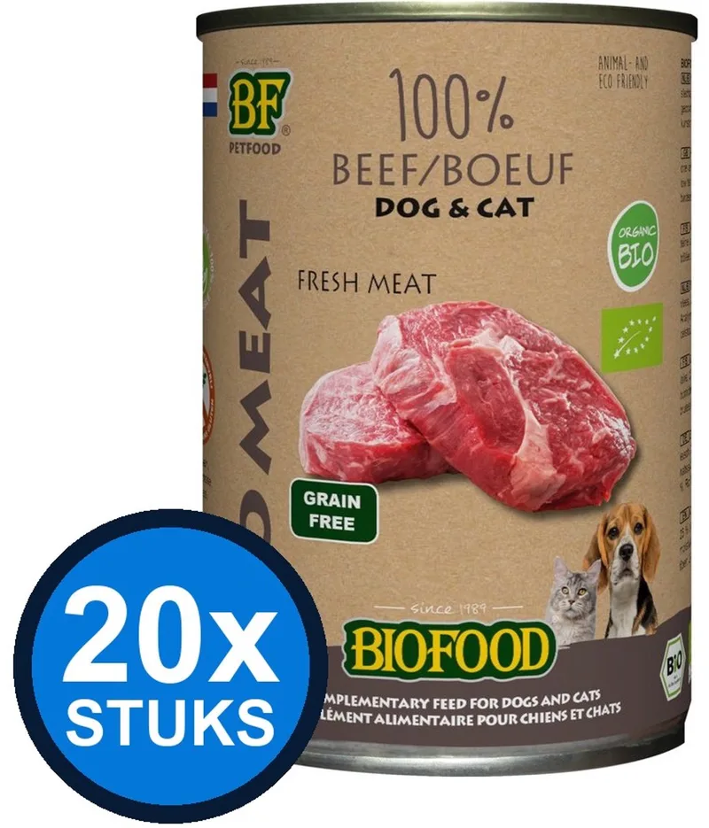 20x Biofood - Organic hond&kat 100% rundvlees blik 400gr - Hondenvoer Natvoer - 400 g von BF Petfood – Produktfoto