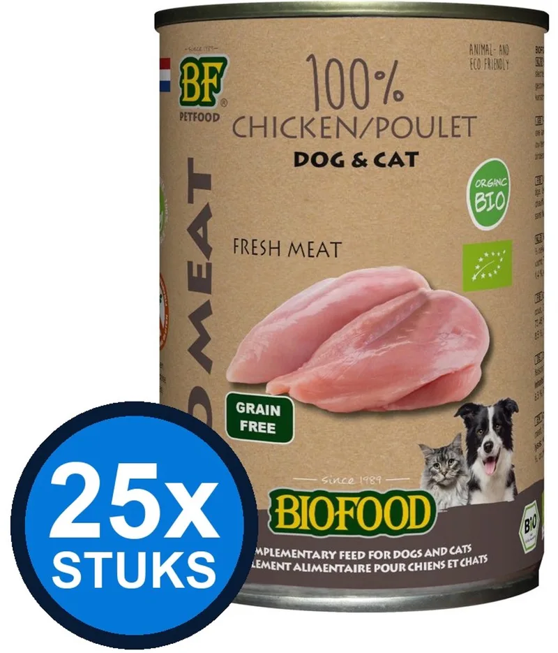 25x Biofood - Organic hond&kat 100% kippenvlees blik 400gr - Hondenvoer Natvoer - 400 g de BF Petfood – photo produit