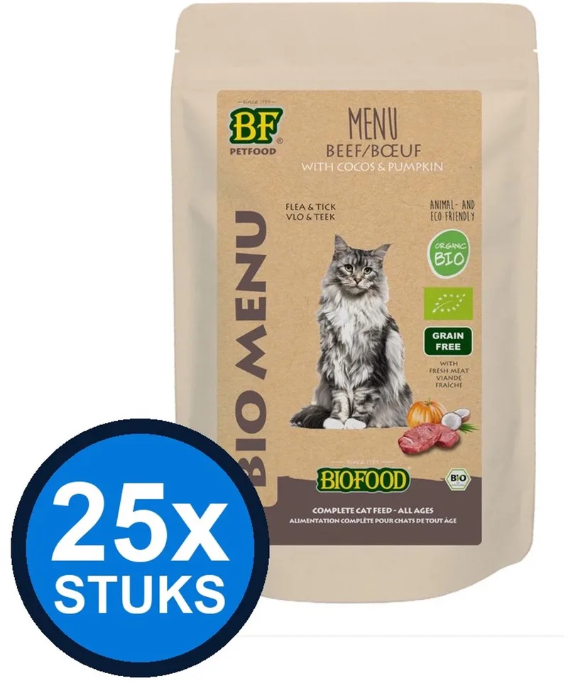 25x Biofood - Organic kat rund menu pouch 100gr - Kattenvoer Natvoer - 100 g fra BF Petfood – produktbillede
