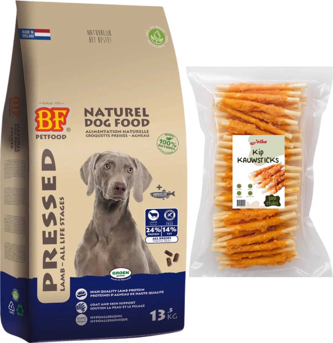 Geperst Lam/Rijst Premium - 13,5 kg + Jelka gedraaide kip sticks 1KG van BF Petfood – productfoto