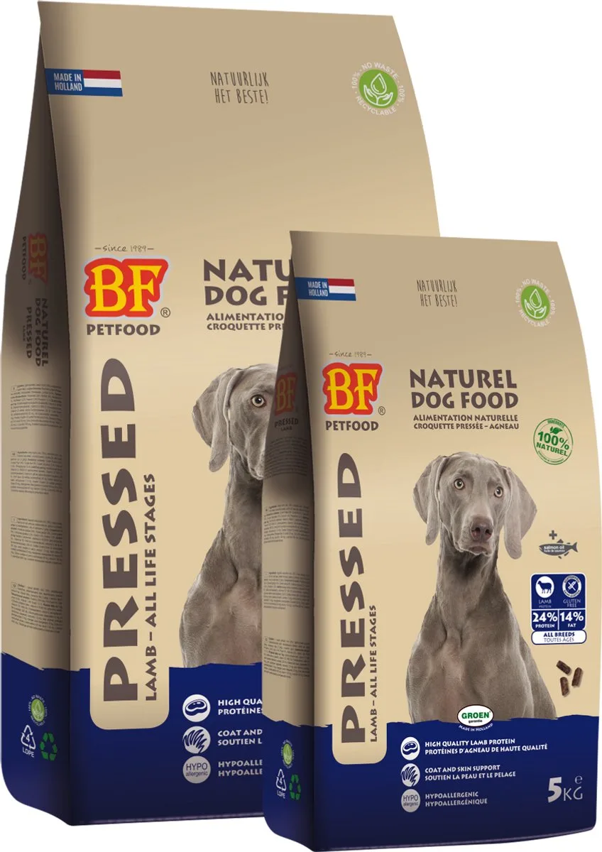 Lam rijst geperst 13.5 kg met kluifjes graan/ glutenvrij 500 gram van BF Petfood – productfoto