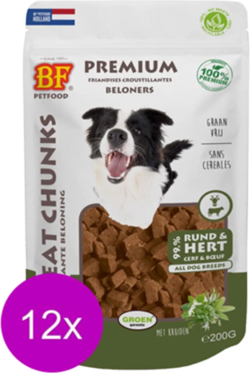 12x Biofood Meat Chunks Rund en Hert - Mix Proteïne - Hondensnack - 200g von Biofood – Produktfoto