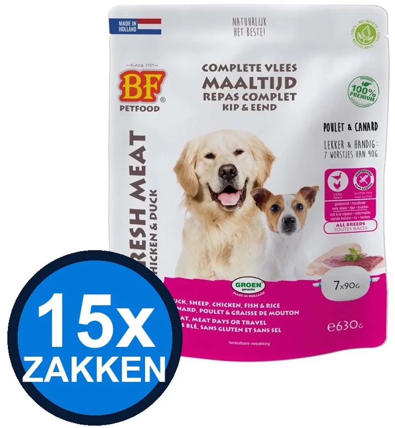 15x Biofood - Vleesvoeding Compleet Kip & eend Zak Multipack - Hondenvoer Droogvoer - 630 g de Biofood – photo produit