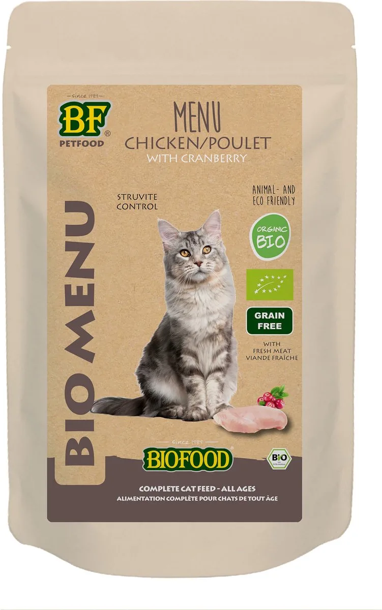 20x BF Petfood Kat Organic Kip Menu 100 gr NL-BIO-01 van Biofood – productfoto