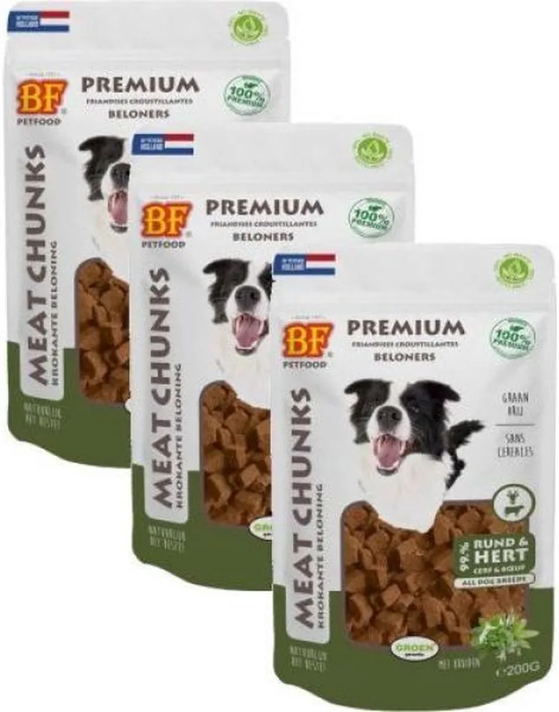 3x200 gr Biofood meat chunks rund&hert hondensnack von Biofood – Produktfoto