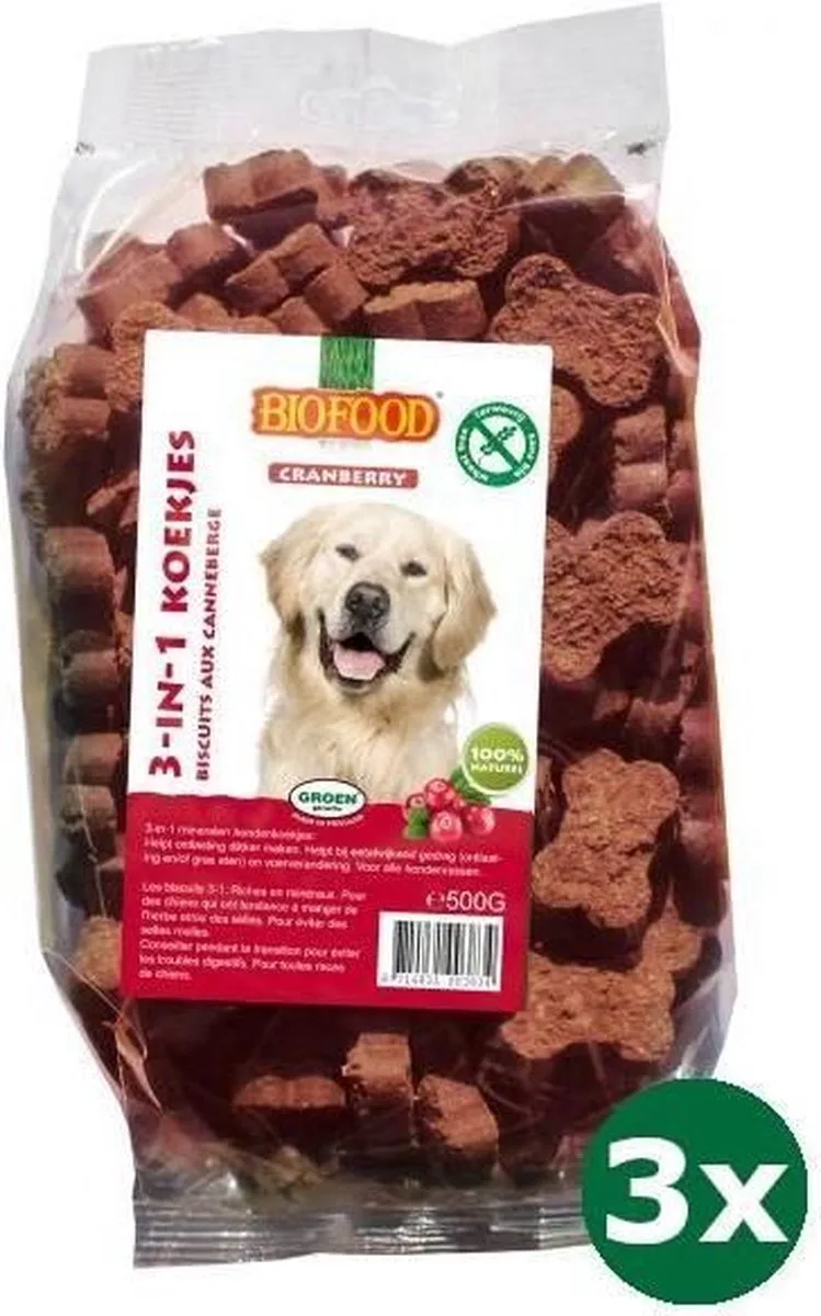 3x500 gr Biofood 3 in 1 hondenkoekjes met cranberry hondensnack de Biofood – photo produit