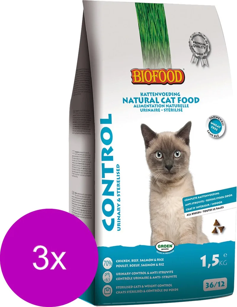 Bf Ncf Control Urinary&Sterilised - Kattenvoer - 3 x Kip Zalm Kippenlever 1.5 kg fra Biofood – produktbillede
