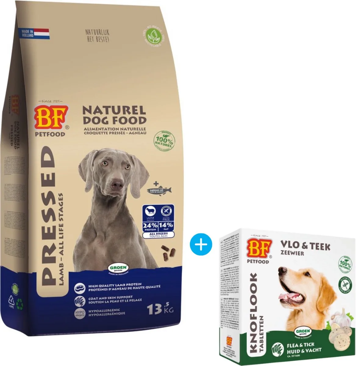 BF Petfood - Geperst Lam/Rijst Premium - 13,5 kg + vlo teek tabletten van Biofood – productfoto