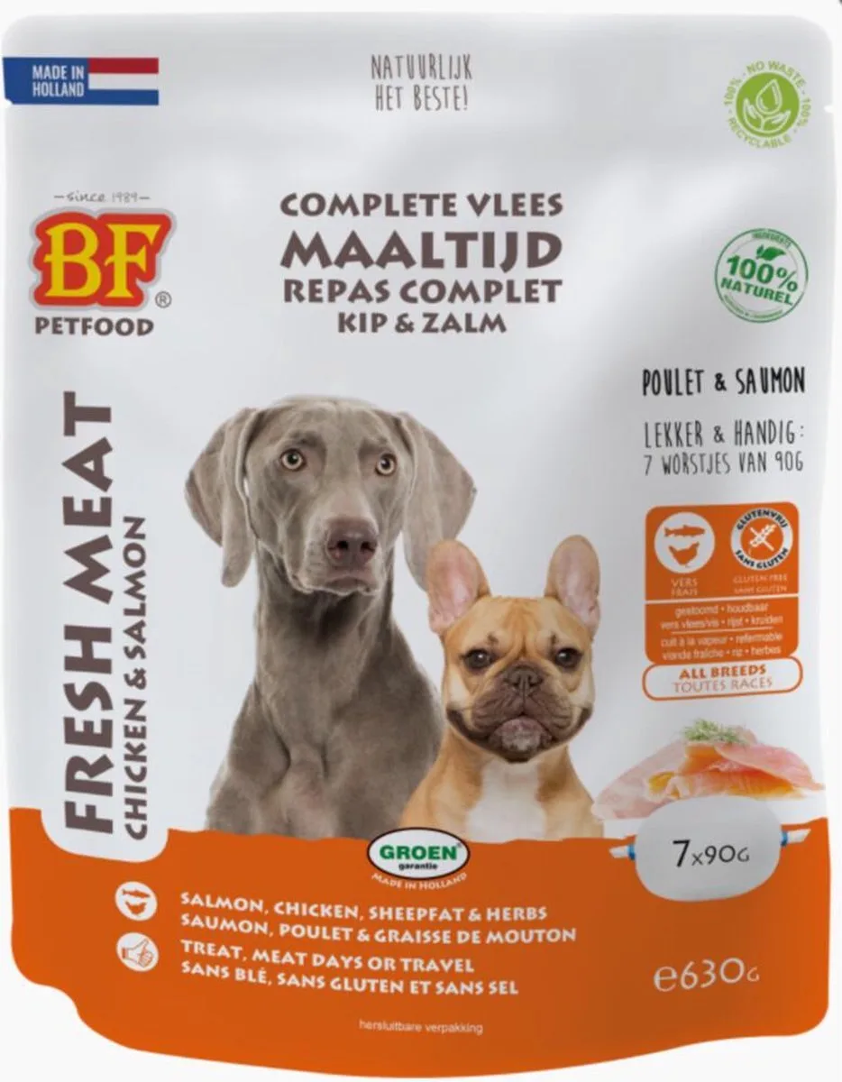 BF Petfood Vleesvoeding Zalm - Kip - 8 x 7 x 90 gr - Voordeelverpakking von Biofood – Produktfoto