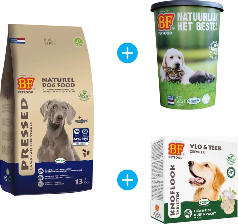 Geperst Lam & Rijst Premium - Hondenvoer - 13,5 kg + gratis voerton + gratis hondensnoepjes Huid en Vacht von Biofood – Produktfoto