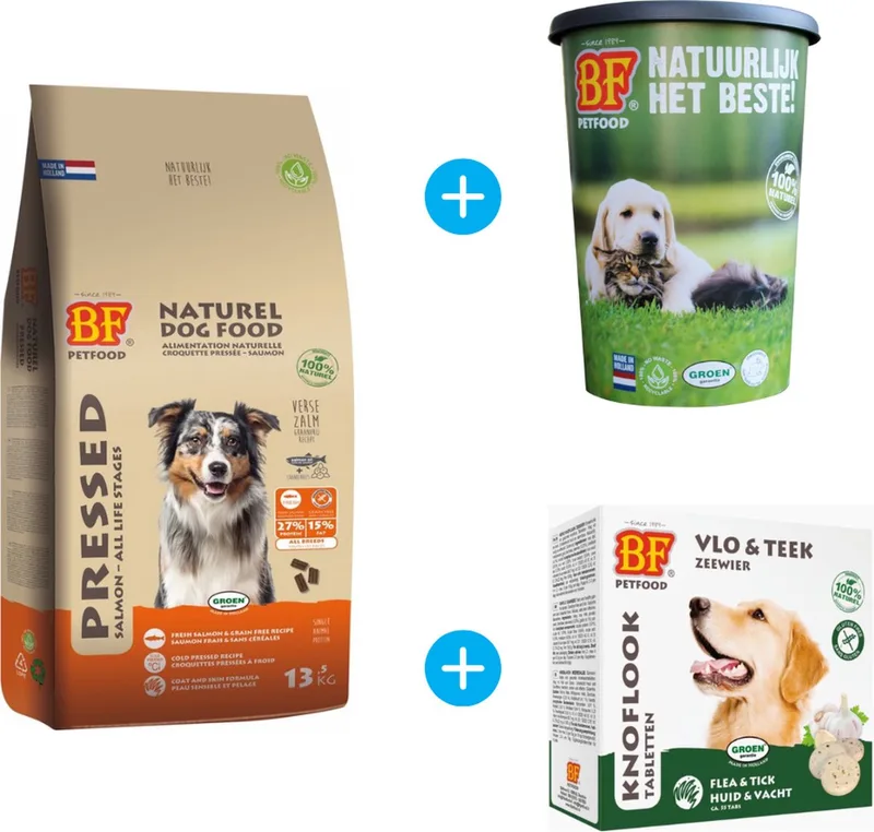 Geperste Hondenbrokken - Zalm - Graanvrij - 13.5 kg + gratis voerton + gratis Hondensnoepjes de Biofood – photo produit