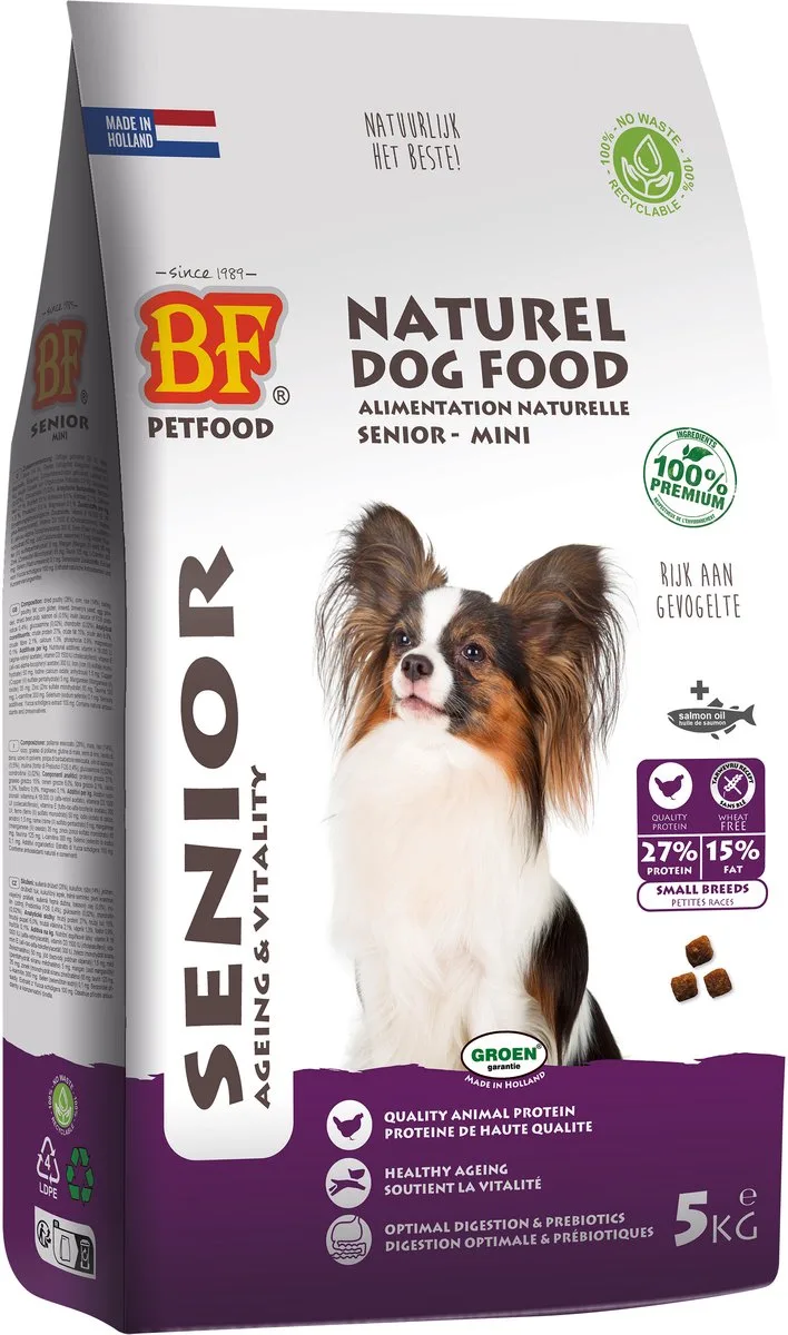 Hondenvoer BF Petfood - Senior Kleine Rassen - Tarwevrij, 5kg, Met Zalmolie en Glucosamine by Biofood – product photo