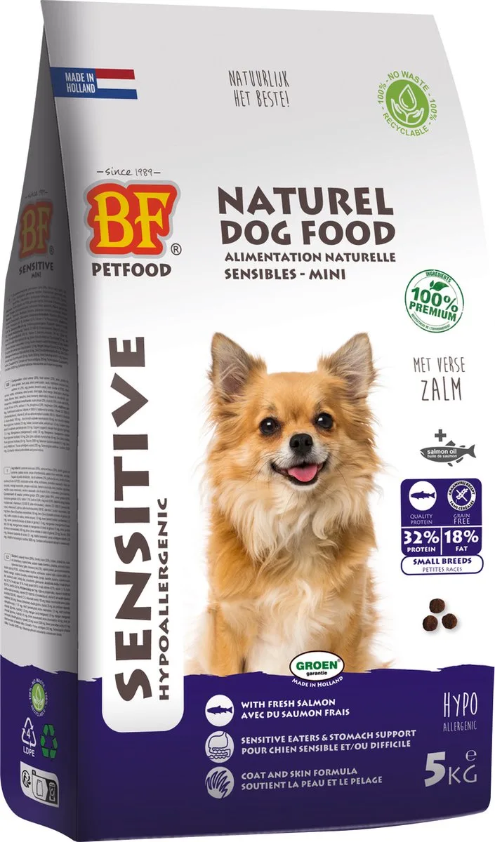 Hondenvoer Graanvrij - BF Petfood Adult Sensitive Kleine Rassen - Hypoallergeen, Rijk aan Zalm, 5kg de Biofood – photo produit