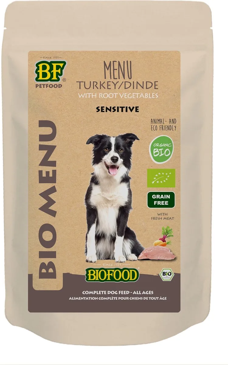 Organic - Biologisch Hondenvoer Natvoer - Sensitive Kalkoen - 15 x 150 g NL-BIO-01 de Biofood – photo produit