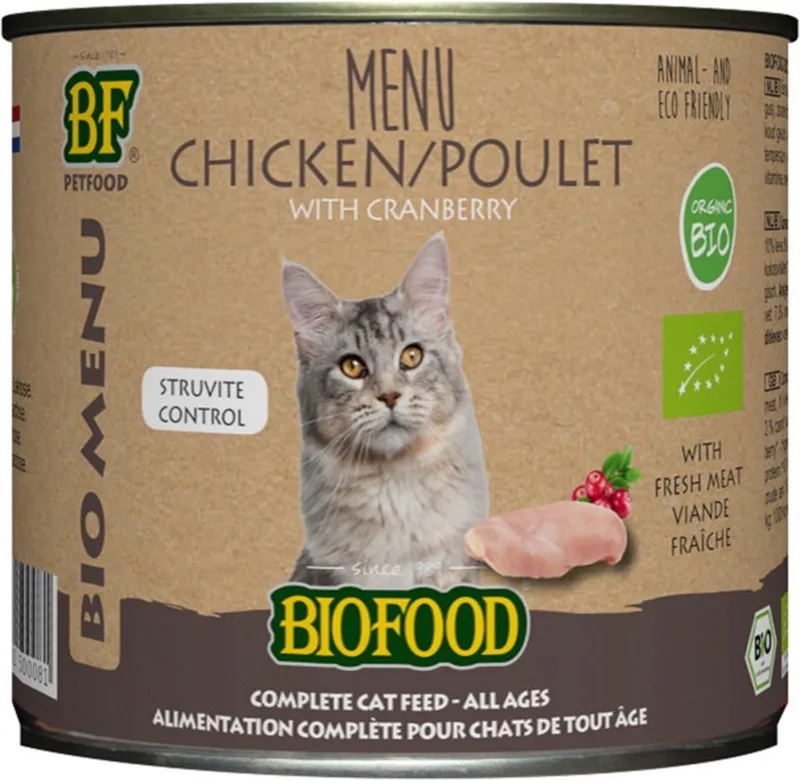 Organic - Biologisch Kattenvoer Natvoer - Kip Cranberry- 12 x 200 gr NL-BIO-01 von Biofood – Produktfoto