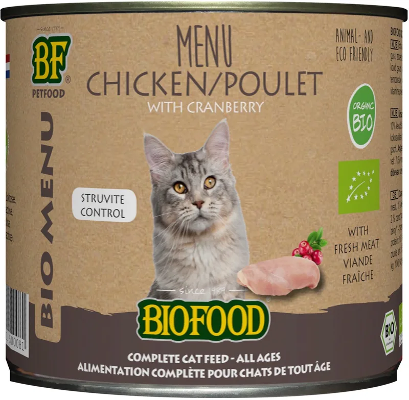 Organic - Biologisch Kattenvoer Natvoer - Kip Cranberry - 200 gr NL-BIO-01 von Biofood – Produktfoto