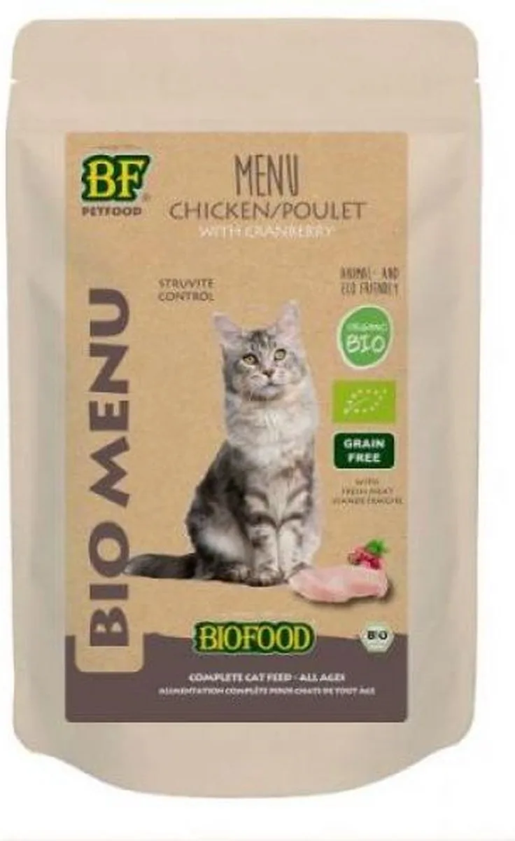 Organic - Biologisch Kattenvoer Natvoer - Kip Cranberry - 40 x 100 gr NL-BIO-01 von Biofood – Produktfoto