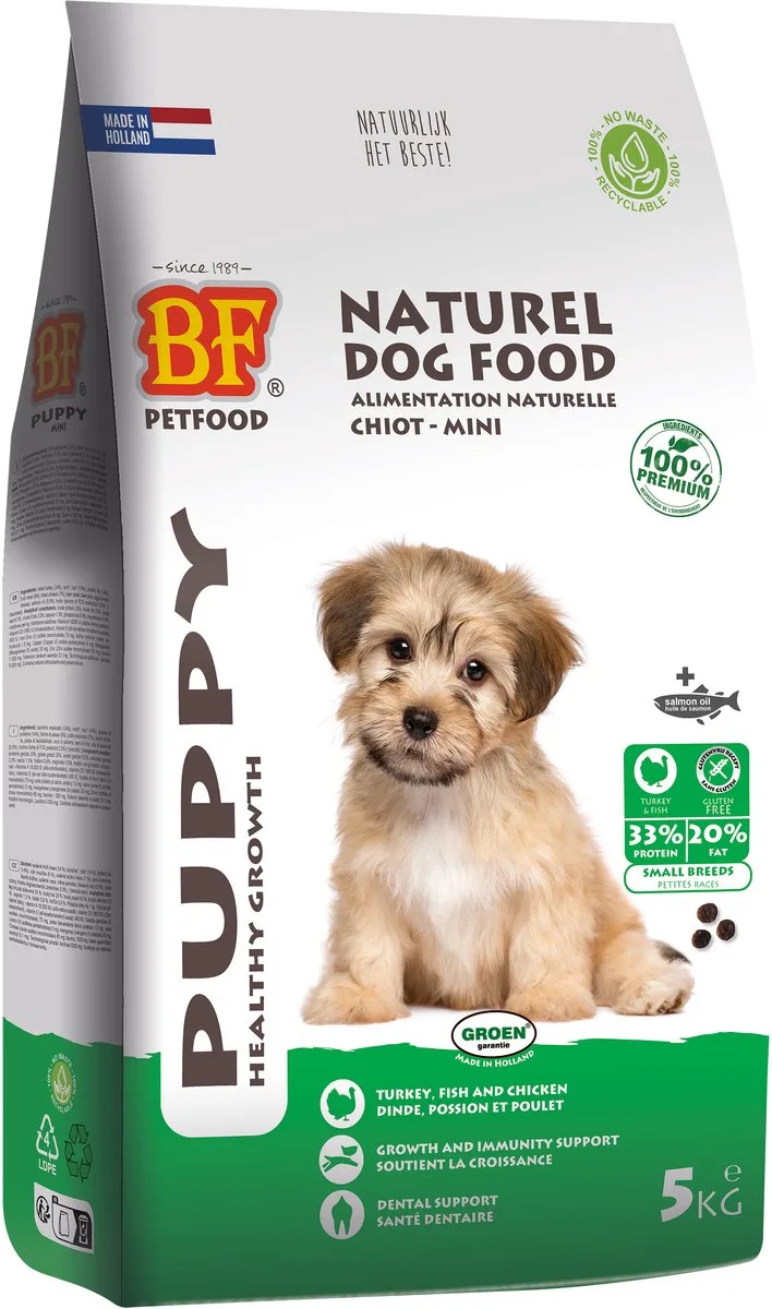 Puppyvoer Kleine Rassen BF Petfood - Kalkoen, Vis, Kip - 5 kg, Glutenvrij, Met Zalmolie by Biofood – product photo