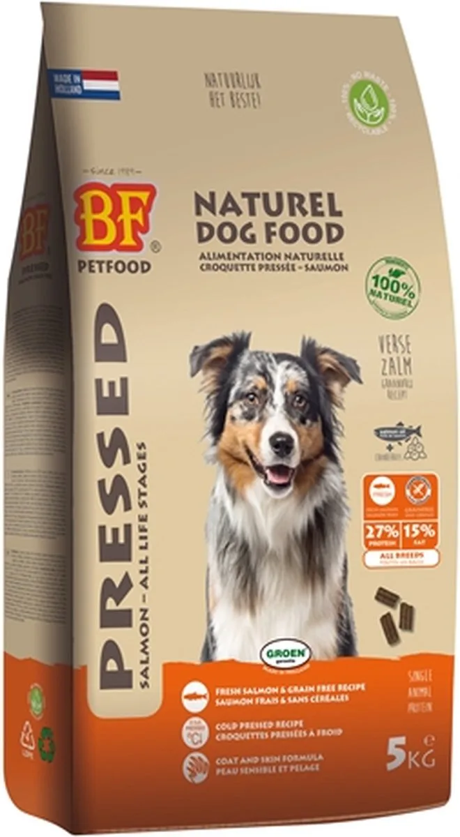 Vleesbrok Geperst Hondenbrokken Zalm 5 kg fra Biofood – produktbillede