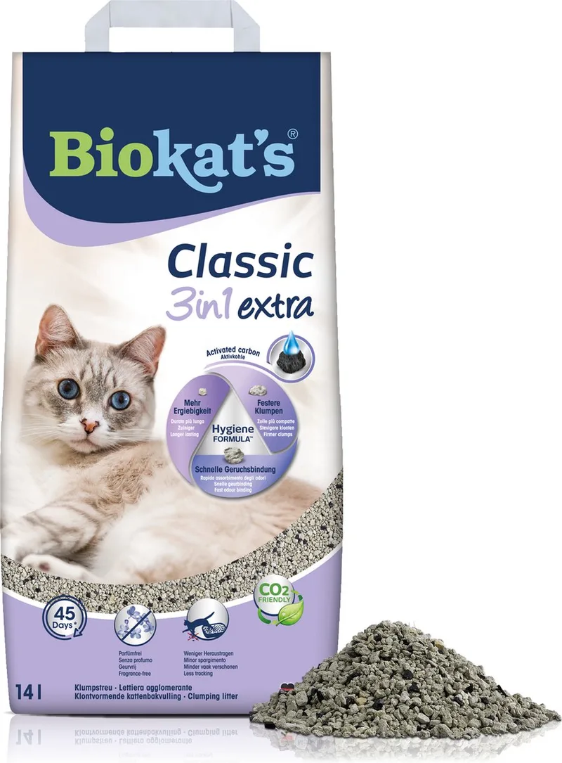 Classic 3in1 Extra - 14 L - Kattenbakvulling - Klontvormend - Parfumvrij - Actieve kool by Biokat's – product photo