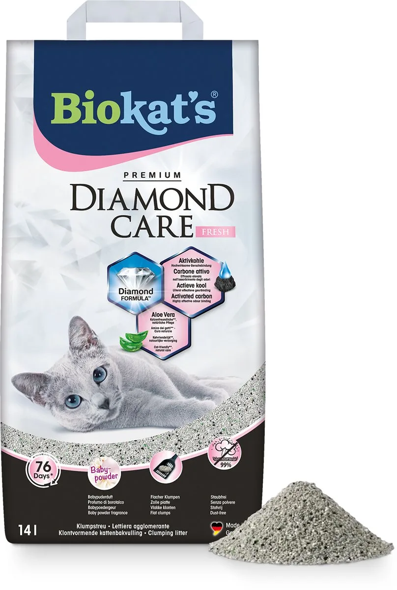 Diamond Care Fresh - 14 L - Kattenbakvulling - Klontvormend - Babypoeder geur - Actieve kool van Biokat's – productfoto