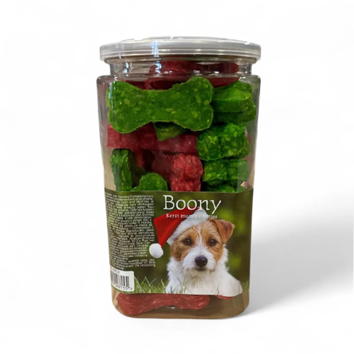 Kerst kauwsnacks in cadeaupot - munchy botjes rood en groen - 380 gram de Boony – photo produit