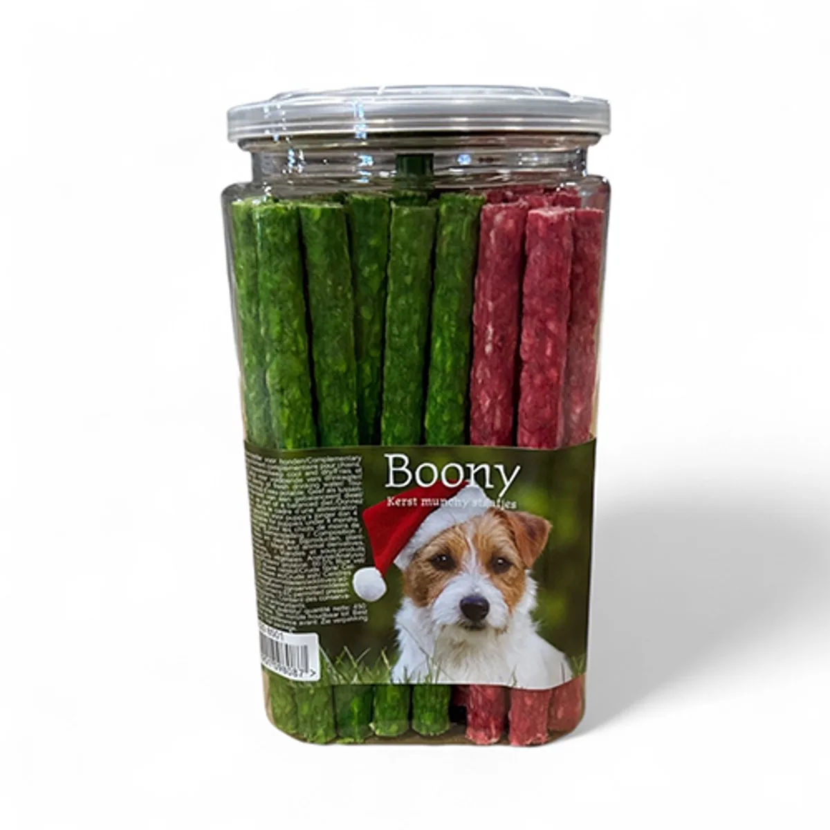 Kerst kauwsnacks in cadeaupot - munchy sticks rood en groen - 450 gram de Boony – photo produit