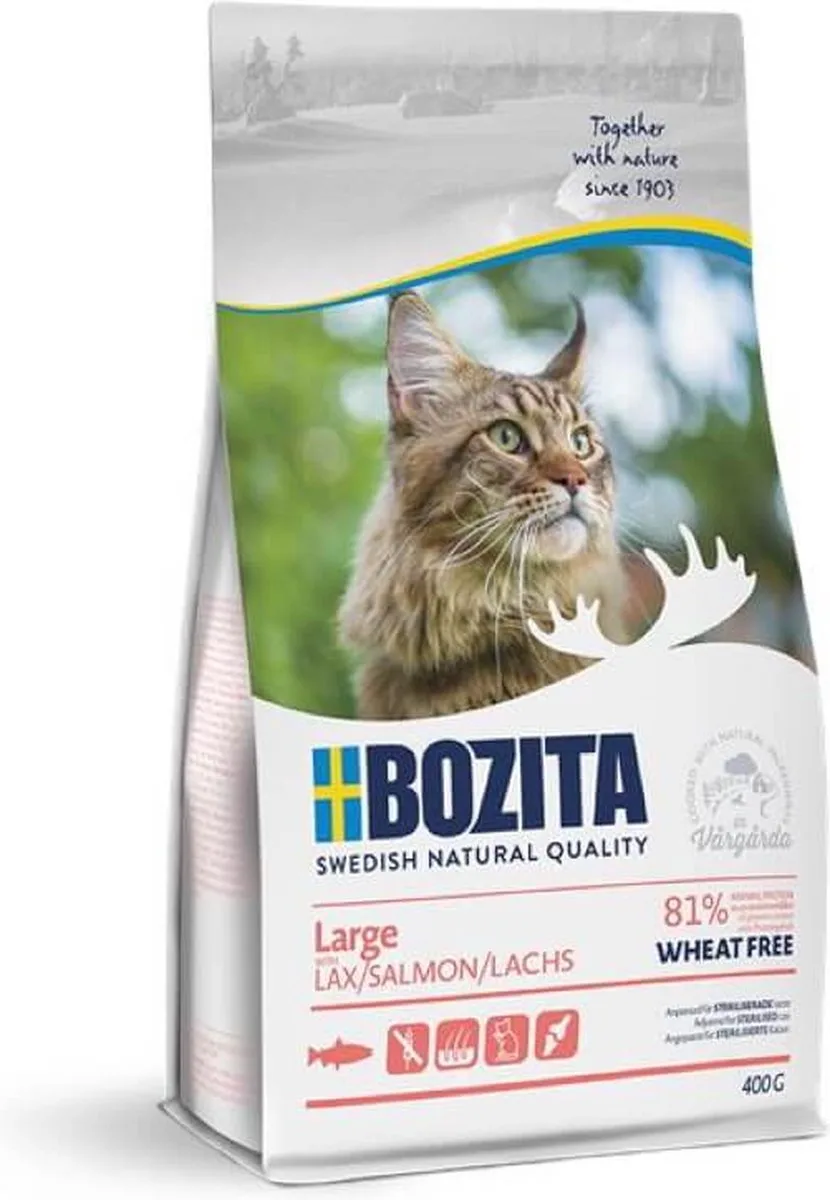 Large Tarwevrij Zalm 400 gram - Complete voeding voor volwassen katten - voor grotere kattenrassen, katten die te snel eten of langharige katten de Bozita – photo produit