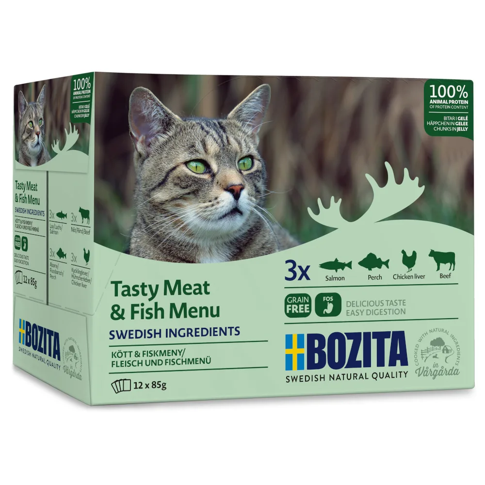 Stukjes in Gelei Pouch 12 x 85 g Kattenvoer - Mixpaket Fisch & Fleisch Menü (4 Sorten) van Bozita – productfoto