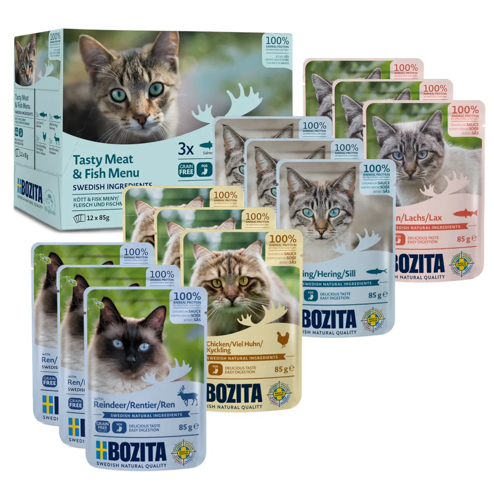 Stukjes in Saus als Mixpakket 12 x 85 g Kattenvoer - Mixpakket Vlees & Vis Menu (4 Soorten) by Bozita – product photo
