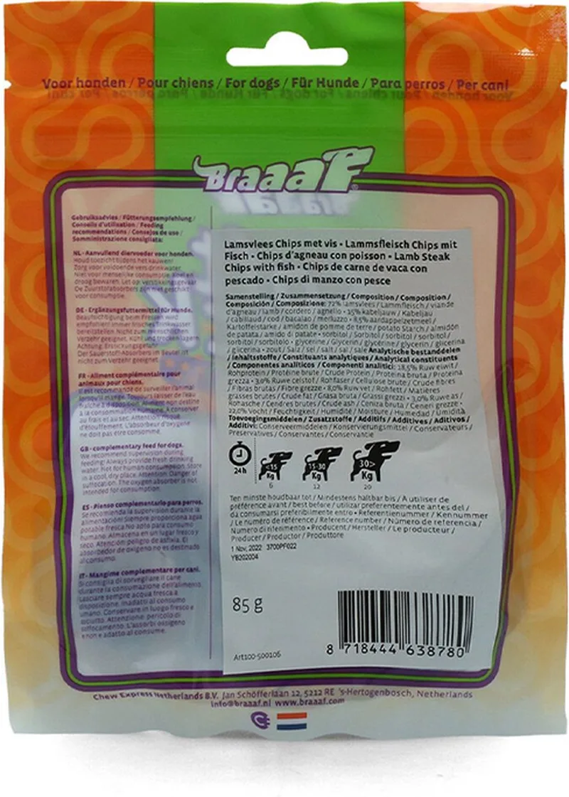 ** 2 X ** BRAAAF hondensnack lamsvlees chips met vis - omega 3 - 85 gr x 2 = 170 gr de Braaaf – photo produit