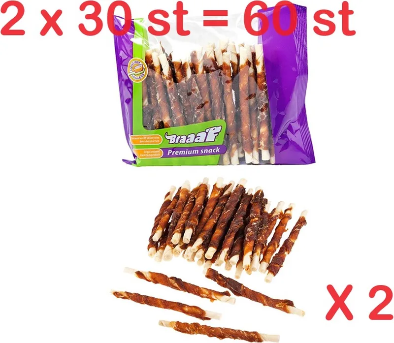 2 X BRAAAF : hondensnack - roll sticks met eend - glutenvrij - premium kwaliteit - 12.5 cm - 30 st X 2 = 60 st tandverzorgend, een lekkernij voor uw trouwe vriend de Braaaf – photo produit