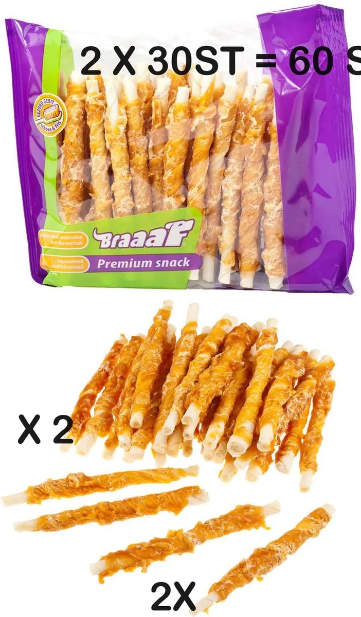 2 X BRAAAF roll sticks met kip 12.5 cm x 30 st - premium kwaliteit - glutenvrij - 5710 -tandverzorgend - 44% runderhuid - 40% kippenborst från Braaaf – produktbild