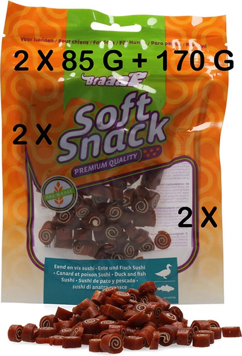 **2 X ** Braaaf soft snack honden 85 gr = 170 gram EEND EN VIS SUSHI granenvrij - premium kwaliteit de Braaaf – photo produit