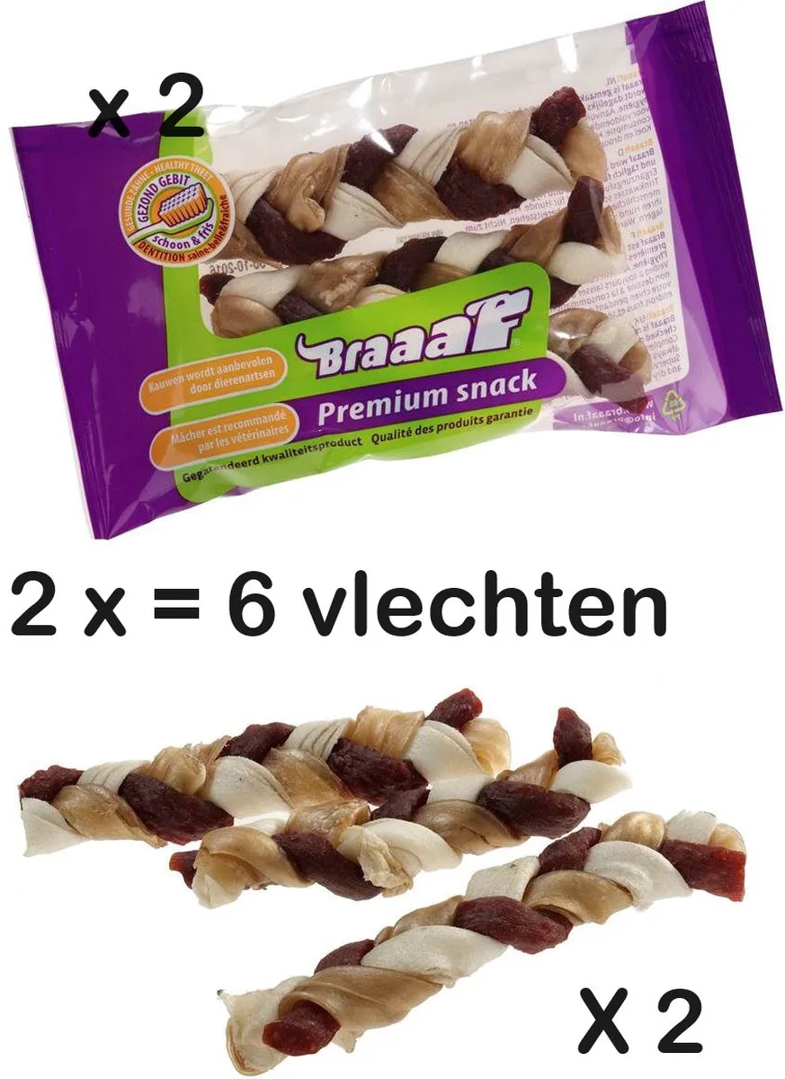 2 X BRAAAF twister vlecht klein 12.5 cm RAWHIDE tandverzorgend. Honden worden hier zeer blij van lange stroken , geen kleine gevaarlijke stukjes van Braaaf – productfoto