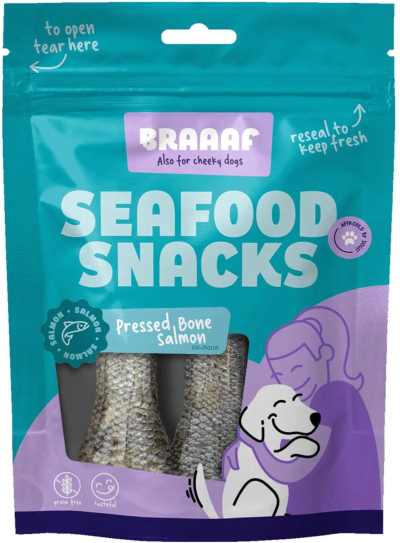 Geperst Hondensnack Zalmhuid - 75 gr fra Braaaf – produktbillede