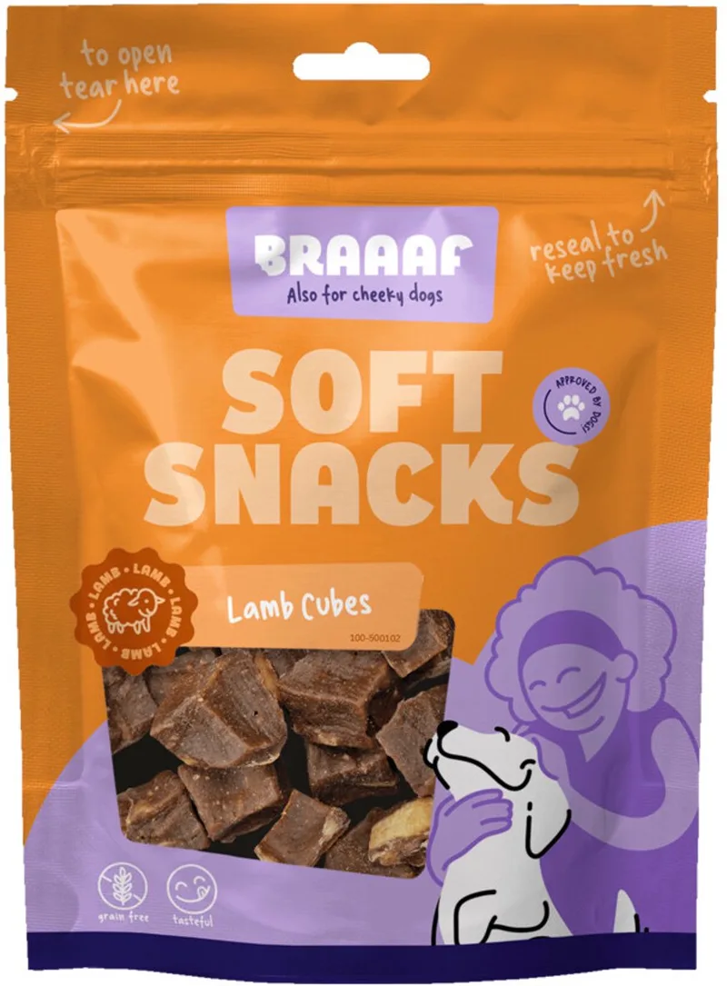 Hondensnack Blokjes Lam Steak met Vis - 10 x 85 gr - Voordeelverpakking by Braaaf – product photo