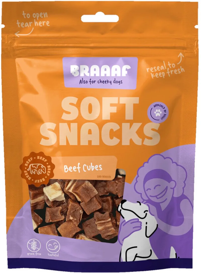 Hondensnack Blokjes Rund Steak met Vis - 10 x 85 gr - Voordeelverpakking by Braaaf – product photo
