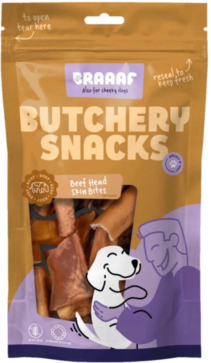 Hondensnack Butchery Beef Head Skin Bites - 10 x 150 gr - Voordeelverpakking von Braaaf – Produktfoto