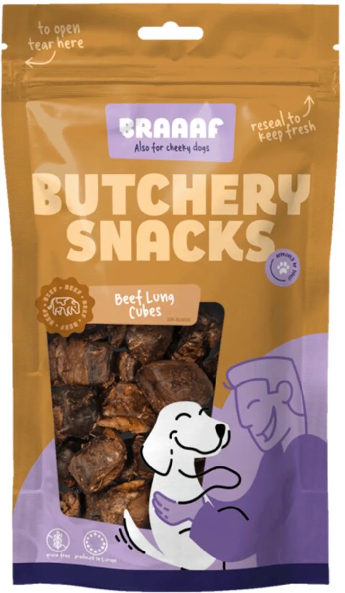Hondensnack Butchery Beef Lung Cubes - 10 x 85 gr - Voordeelverpakking von Braaaf – Produktfoto