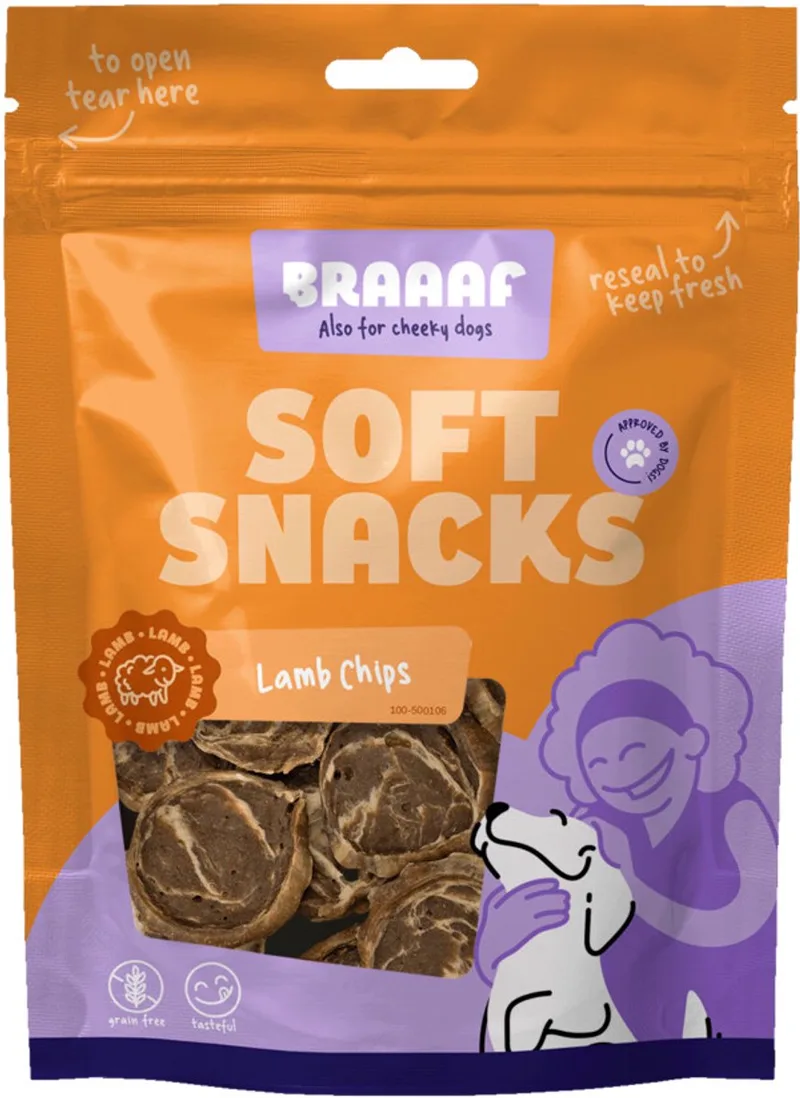 Hondensnack Chips Lam Steak - Vis - 10 x 85 gr - Voordeelverpakking de Braaaf – photo produit