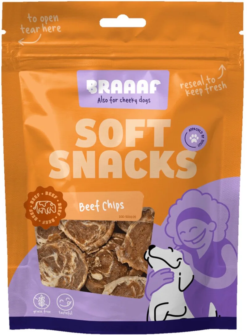 Hondensnack Chips Rund Steak met Vis - 10 x 85 gr - Voordeelverpakking von Braaaf – Produktfoto