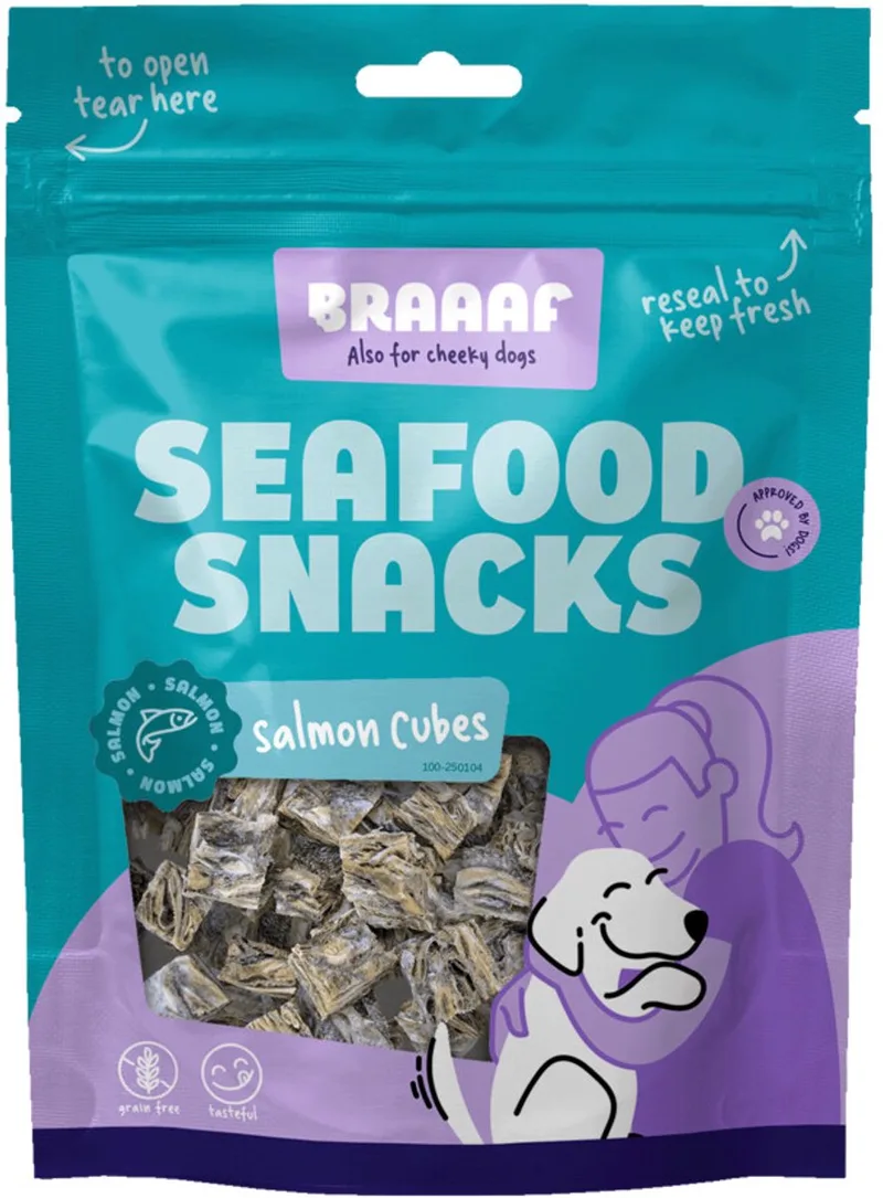 Hondensnack Cubes Zalmhuid - 8 x 70 gr - Voordeelverpakking de Braaaf – photo produit