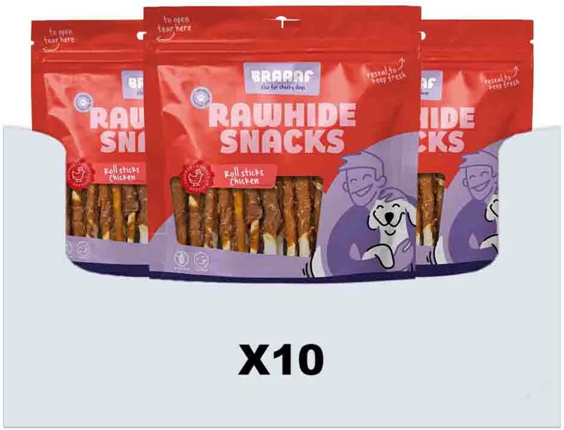 Hondensnack Rol Sticks Kip 12,5 cm - 10 x 300 gr - Voordeelverpakking von Braaaf – Produktfoto
