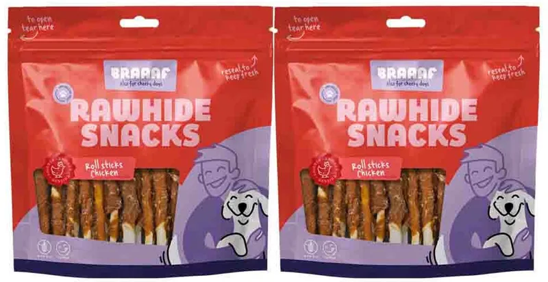 Hondensnack Rol Sticks Kip 12,5 cm - 2 x 300 gr - Voordeelverpakking de Braaaf – photo produit