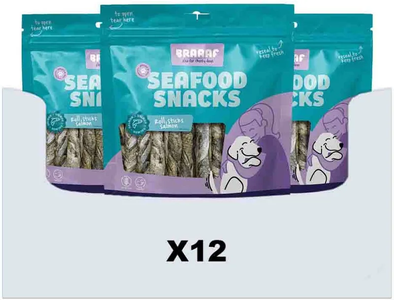 Hondensnack Rol Sticks Zalm 12 cm - 12 x 175 gr - Voordeelverpakking von Braaaf – Produktfoto